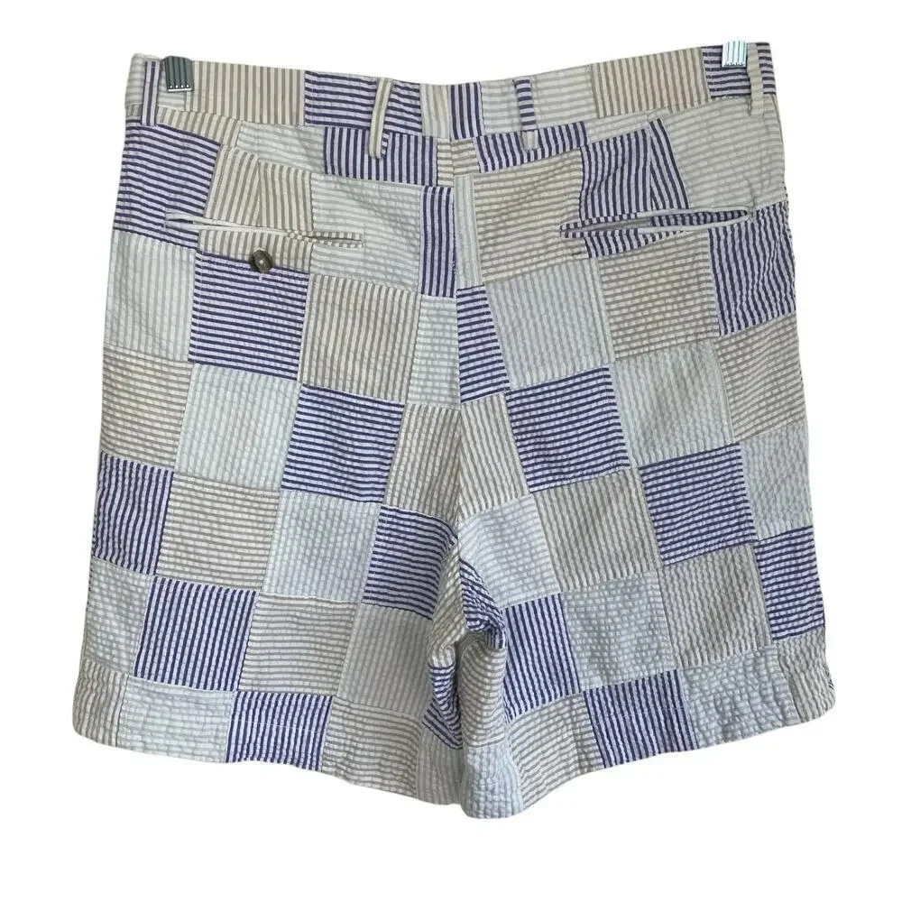 Berle Vintage Seersucker Cotton Madras Plaid Pleated Chino Shorts Preppy Sz 34